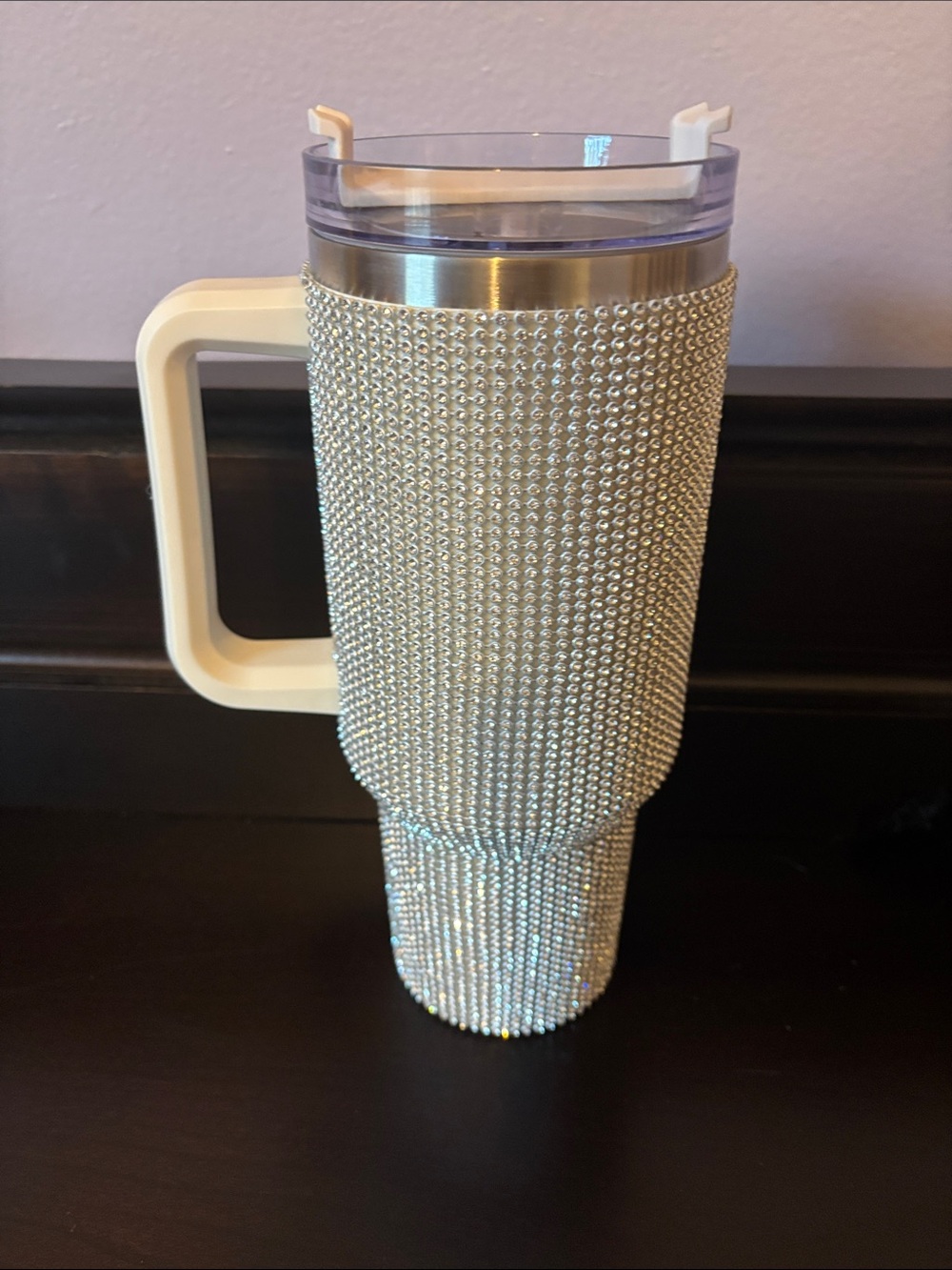 Silver Rhinestone Travel Mug with White Handle